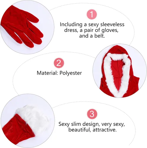 Vista 3 de KESYOO 3pcs rojo traje de Navidad mujeres traje de Papá Noel vestido de Navidad Cosplay Claus Santa traje con guantes cinturón para la etapa
