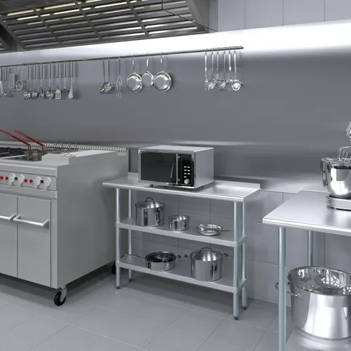 Vista 5 de AmGood Mesa de trabajo de acero inoxidable con protector contra salpicaduras de 1.5 pulgadas y 2 estantes Mesa de cocina de metal para preparación