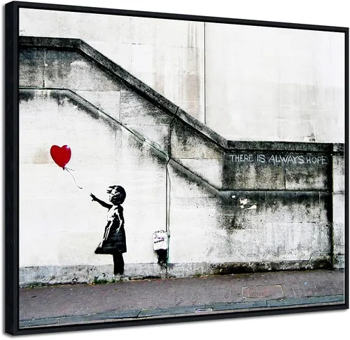 Vista 7 de Pyradecor Banksy Grafitti Girl with Red Balloon Grey Love Pictures Cuadros sobre lienzo, arte de pared moderno, impresiones en lienzo para sala