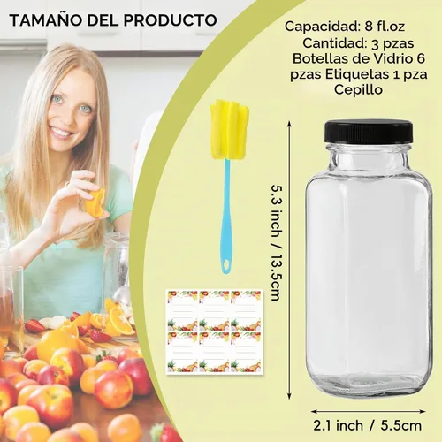 Vista 2 de Botellas de jugo de vidrio de 8 onzas con tapas, paquete de 3 - Frascos reutilizables pequeños para jugos verdes, shots y batidos
