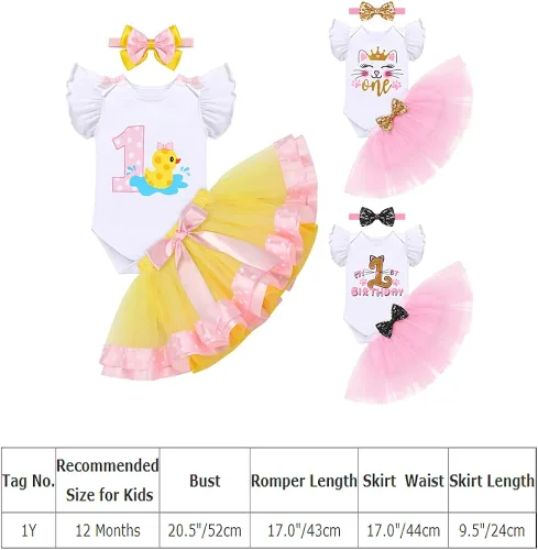 Vista 7 de IDOPIP Duck Cat 1st Birthday Outfit for Baby Girls Flutter Sleeve Romper Tutu Skirt Headband Cake Smash Party Dress Clothes