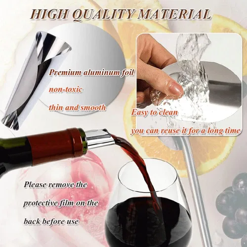 Vista 5 de Disco vertedor de vino, discos de tapón y vertedor de vino plateado, papel de aluminio, reutilizable, disco de vertido de botella de vino, 15