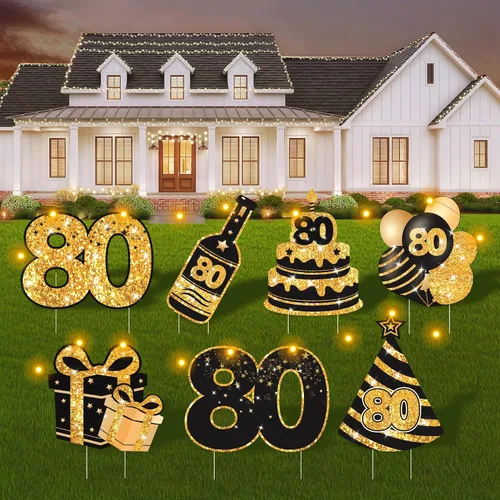 Vista 9 de Decoraciones de cumpleaños número 13 para niñas - 7 piezas de letreros de cumpleaños rosas para el patio con estacas, 2 piezas de luces LED Rosa 13