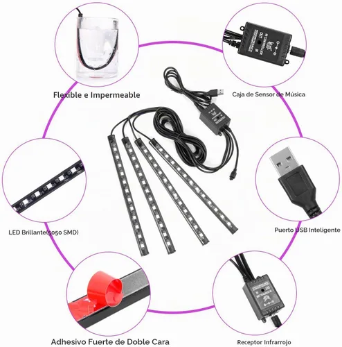 Vista 4 de Tira de luces LED para automóvil, 4 unidades de 48 luces LED USB para interiores, tira de luces multicolor de música para automóvil, kit