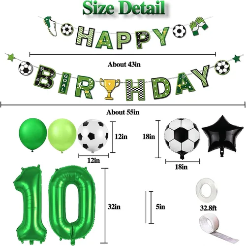 Vista 3 de Decoraciones de fiesta de cumpleaños número 10 para niños, decoraciones de fiesta de cumpleaños de fútbol, pancarta de feliz cumpleaños, suministros