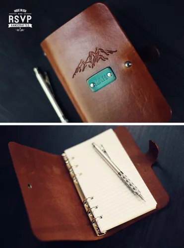 Vista 3 de Personalized Leather Journal, Notebook, Travel Diary, Sketchbook,wanderlust,Mountains, Custom name or initials, 6 ring sturdy metal binder with