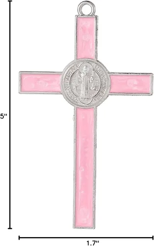 Vista 7 de VINETEN Crucifijo - Cruz de Pared de San Benito que da Bendición y Cruz de Pared Espiritual Sagrada de Esmalte Rosa para Niña de 5 Pulgadas