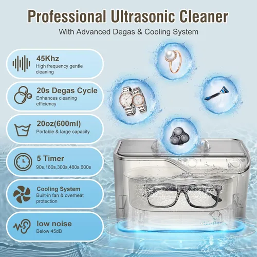 Vista 2 de LifeBasis Limpiador ultrasónico, limpiador ultrasónico profesional de joyas de 45 kHz, 20 onzas (20.3 fl oz) con temporizador digital, soporte