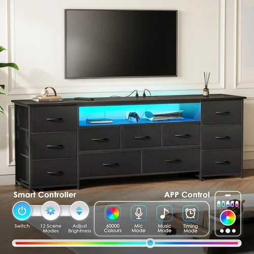 Vista 4 de Huuger Soporte de TV de 63 pulgadas para TV de 65, 70 pulgadas, cómoda larga con 11 cajones con tomas de corriente y luces LED, centro