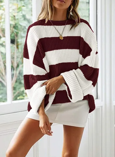 Vista 6 de ZESICA Suéter de punto de manga larga para mujer, cuello redondo, a rayas, bloque de color, cómodo, holgado, de gran tamaño, para otoño 2024