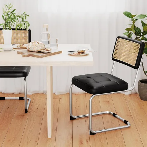 Vista 9 de Juego de 2 sillas de comedor de ratán modernas de mediados de siglo con respaldo tejido de ratán natural y asiento, sillas laterales tapizadas sin
