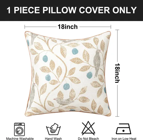 Vista 3 de VOGOL - Funda de almohada texturizada de lino, 18 x 18 pulgadas, estilo granja, para sofá, cama y habitación, con diseño de pájaros y hojas beige