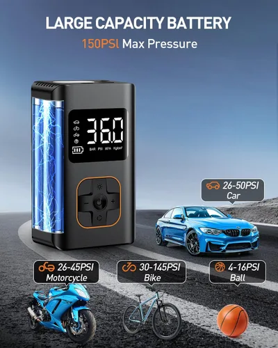Vista 3 de Tire Inflator Portable Air Compressor - 150 PSI Portable Air Pump for Car Tires, Cordless Electric Bike Tire Pump with Digital Pressure Gauge, LED