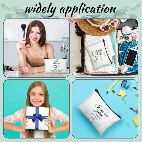 Vista 4 de Panelee 48 bolsas de cosméticos cristianos a granel para mujeres, bolsas de maquillaje con versículos de la Biblia, llaveros inspiradores, regalos