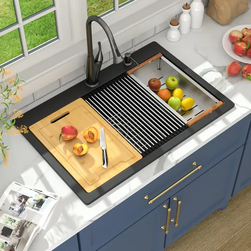 Vista 24 de Lordear Fregadero de Bar Empotrado de Granito Compuesto de 18 Pulgadas 18"x18" Fregaderos de Cocina de Cuarzo Compuesto Negro de Un Solo Tazón Bajo