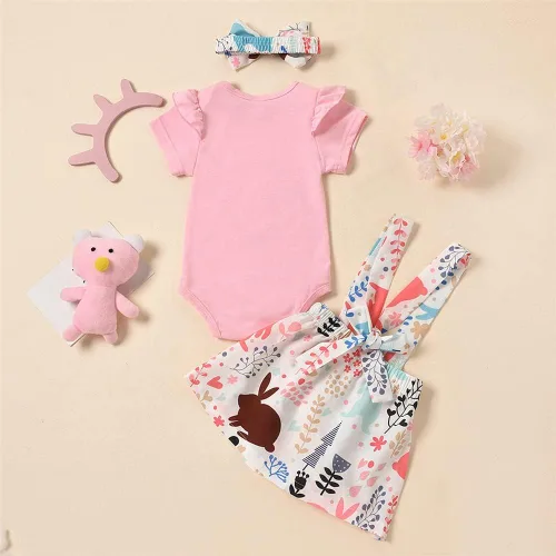 Vista 2 de LittleSpring Conjunto de 3 piezas de ropa de verano para niña con volantes, falda y diadema
