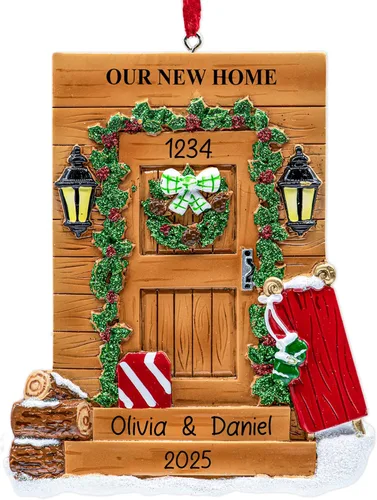 Vista 7 de Adorno de Navidad personalizado para el nuevo hogar 2026 Puerta negra con cinta de purpurina recuerdo único para el árbol de Navidad – Primer año