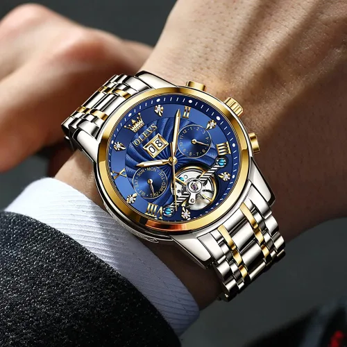 Vista 2 de OLEVS - Reloj automático para hombre con diseño de esqueleto de 5 manecillas clásico de lujo multicalendario de acero inoxidable impermeable