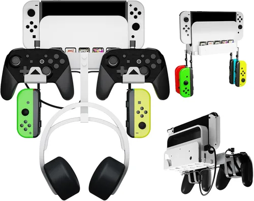 Vista 3 de EJGAME Soporte de montaje de pared compatible con Nintendo SwitchOLED, kit de montaje de pared de metal con ganchos para colgar auriculares
