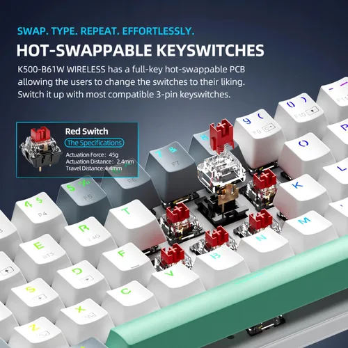 Vista 4 de Machenike K500A-B61W Teclado mecánico inalámbrico para juegos al 60%, interruptor rojo lineal ultracompacto intercambiable en caliente