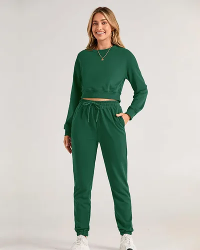 Vista 32 de BTFBM Conjunto deportivo de 2 piezas para mujer, camiseta corta de manga larga, sin botones, pantalón con cordón ajustable, pantalones deportivos