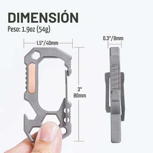 Vista 4 de KeyUnity KU01 Llavero de titanio con mosquetón multiherramienta, soporte para llaves de mosquetón, llaves de tornillo, soporte para brocas