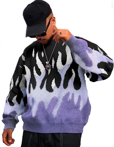 Vista 93 de ZAFUL Y2K - Suéter casual con estampado de llama estética para hombre, suéter de punto holgado, manga larga, cuello redondo