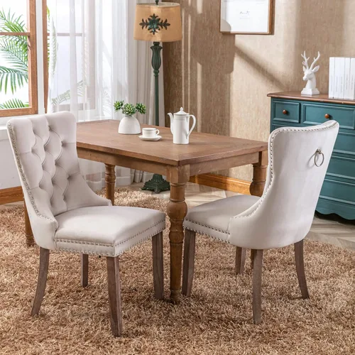 Vista 3 de Juego de 2 sillas de comedor con respaldo de ala de terciopelo copetudo, sillas laterales tapizadas, patas de madera maciza (beige)