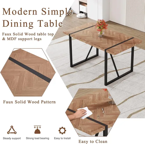 Vista 6 de Una mesa de comedor rectangular retro minimalista con una parte superior especialmente texturizada y patas de metal negro. Mesa de madera