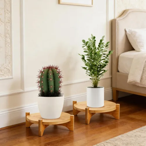 Vista 7 de Pumtus Paquete de 2 soportes pequeños para plantas, soporte de madera para macetas de interior, soporte desmontable de bambú para macetas