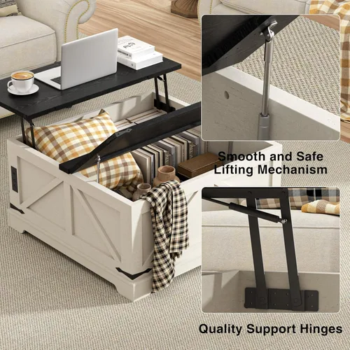 Vista 3 de Mesa de café con almacenamiento, mesa rústica de elevación con centro cuadrado de madera estilo granja con estación de carga, mesas de cóctel