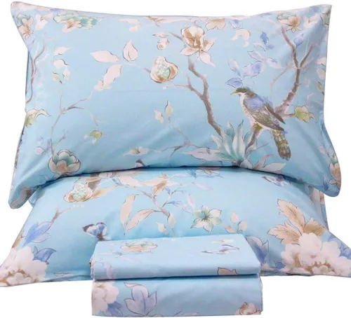 Vista 9 de QSH Juego de sábanas de tamaño individual 100% algodón egipcio, estampado de flores verdes con pájaros, mariposas y botánicas, lujo impreso, ropa