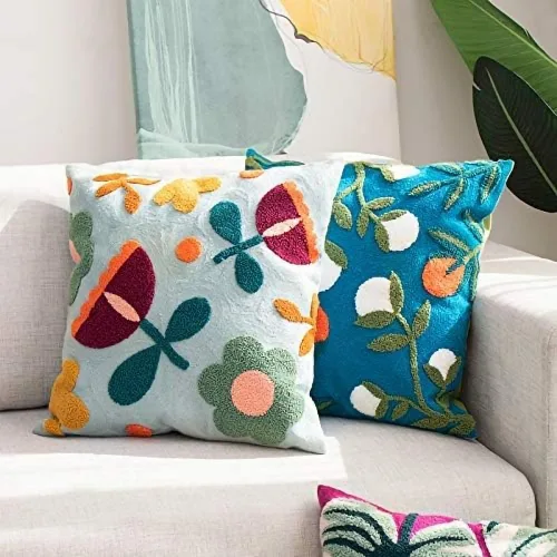 Vista 4 de MOCOFO Funda de almohada de lona bordada con flores, bordado de primavera, artesanía, moderna, simple, funda de almohada para sofá, dormitorio