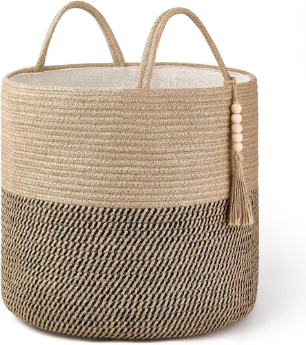 Vista 19 de Mkono - Canasta de almacenamiento tejida, canasta decorativa de cuerda natural con cuentas de madera para mantas, juguetes, ropa, zapatos y plantas