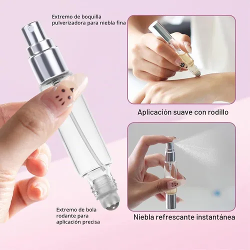 Vista 3 de YOCASII 4 botellas de perfume de viaje de doble cabeza con spray y bolas enrollables para aceites esenciales, botellas recargables de viaje de 0.3