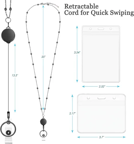 Vista 2 de 2 piezas de cordón retráctil para carrete de insignia con 4 soportes de identificación para mujer, cadena de cuentas de moda de acero inoxidable