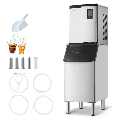 Vista 13 de VEVOR - Máquina comercial para hacer hielo, 136 kg/24 horas, con recipiente de almacenamiento de acero inoxidable de 136 kg, máquina para hacer