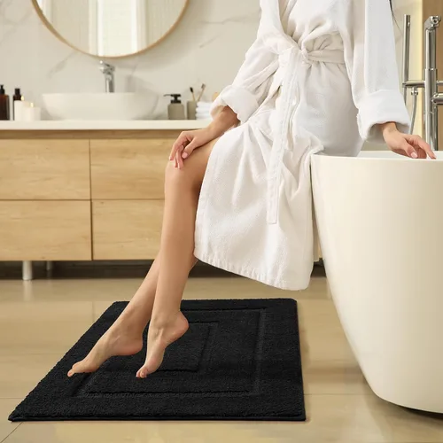 Vista 8 de HOMORE Alfombra de baño negra de 24 x 17 pulgadas, suave y absorbente, alfombra de baño pequeña, alfombra de baño lavable antideslizante para bañera