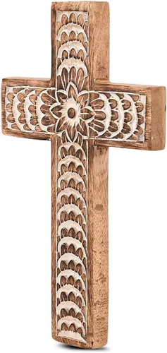 Vista 3 de EDHAS Cruz blanca tallada en madera de mango con diseño floral, decoración del hogar (10 x 6 x 0.5 pulgadas)