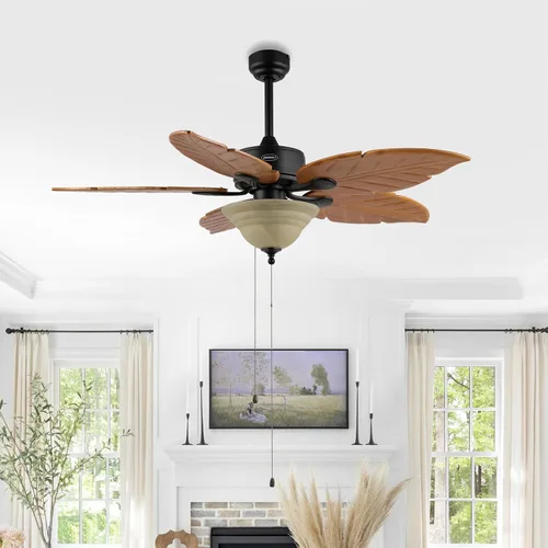 Vista 7 de JONATHAN Y Ventilador de techo LED de hoja de palmera bohemia costera marrón claro de 52 pulgadas, 3 aspas de madera rústica con cadena de tracción