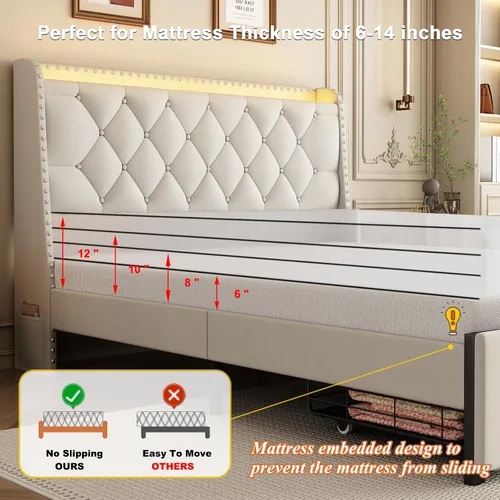 Vista 6 de Base de cama tamaño queen con cabecera de almacenamiento y 2 cajones, base de cama tapizada con botones capitoné, luces LED y estación de carga,