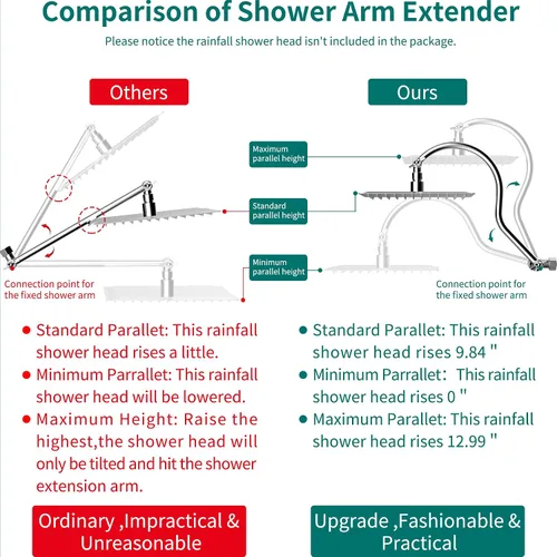 Vista 3 de Brazo de extensión de cabezal de ducha curvado ajustable de latón macizo de 16 pulgadas, extensor de brazo de ducha flexible de altura y ángulo