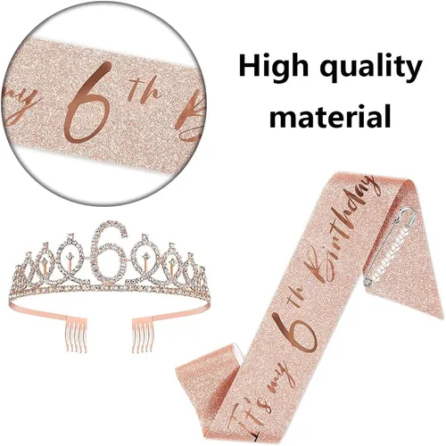 Vista 3 de Juego de banda y tiara de 6º cumpleaños, corona de banda de cumpleaños de oro rosa, suministros para fiesta de cumpleaños