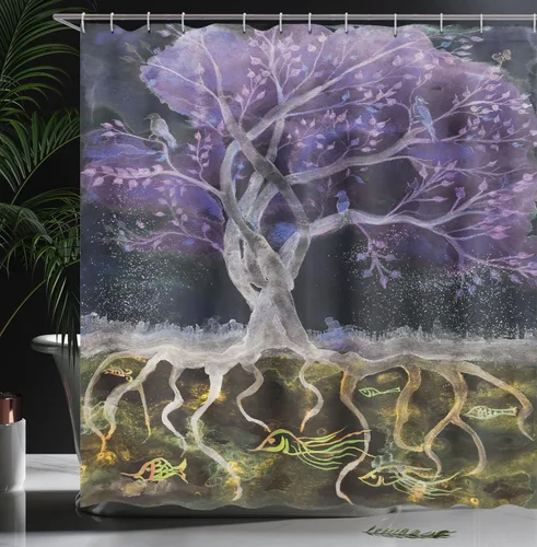 Vista 3 de Ambesonne Cortina de ducha con diseño de árbol de la vida, naturaleza misteriosa psicodélica en la noche, pájaros y peces, arte para el hogar, juego