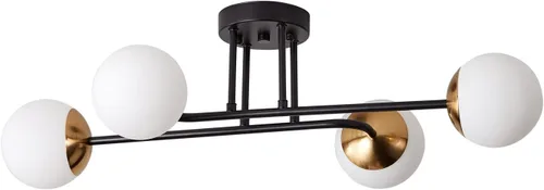 Vista 2 de Aiwen Lámpara de techo redonda semiempotrada moderna de 4 luces, acabado negro y dorado con cristal de globo, iluminación de techo de granja