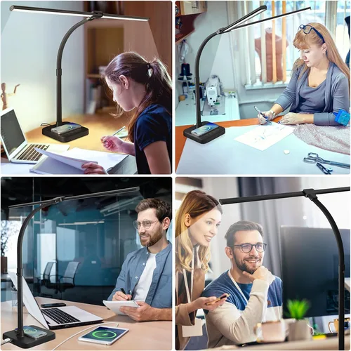 Vista 6 de ShineTech LED Desk Lamp, 24W Double Head Desk Light with Wireless Charging