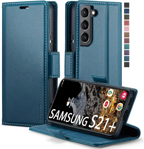 Vista 12 de Funda tipo cartera para Samsung Galaxy S21+ Plus 5G con bloqueo RFID, tarjetero y función atril magnético, funda de piel con tapa para Samsung Negro
