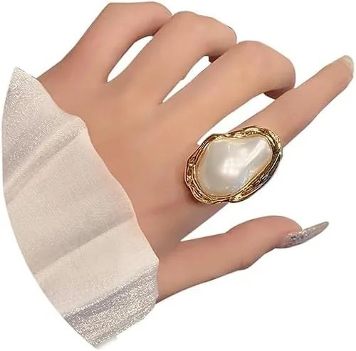 Vista 7 de Anillo de perlas hecho a mano, apilable, anillos ajustables de perlas abiertas, anillo de dedo completo, joyería de racimo de perlas de personalidad