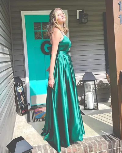 Vista 5 de SMORBRID Women's Spaghetti Straps Prom Dresses A-Line Satin Long Formal Evening Ball Gowns with Slit