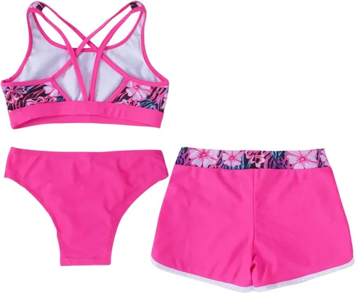 Vista 4 de Traje de baño tankini para niños y niñas, estampado de camiseta corta con calzones y pantalones cortos, traje de baño de 3 piezas